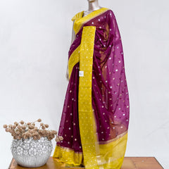 Premium Wine Purple Synthetic Kota Saree with Mustard Yellow Contrast Border Dual-Tone Zari Buttas  SAN5470