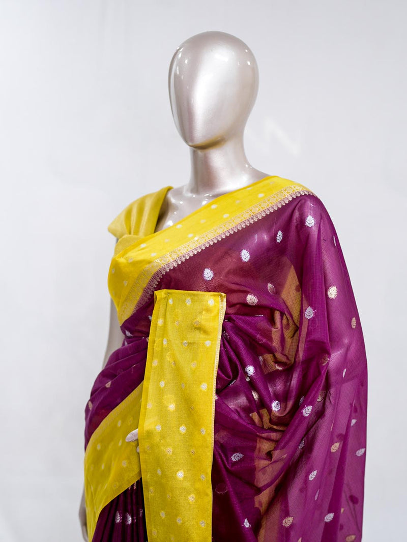 Premium Wine Purple Synthetic Kota Saree with Mustard Yellow Contrast Border Dual-Tone Zari Buttas  SAN5470