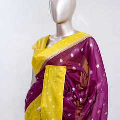 Premium Wine Purple Synthetic Kota Saree with Mustard Yellow Contrast Border Dual-Tone Zari Buttas  SAN5470