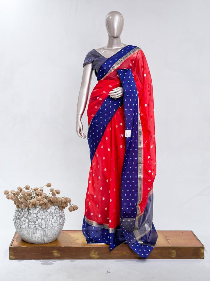 Premium Bright Red Synthetic Kota Saree with Navy Blue Contrast Border  Dual-Tone Zari Buttas SAN5476
