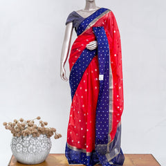 Premium Bright Red Synthetic Kota Saree with Navy Blue Contrast Border  Dual-Tone Zari Buttas SAN5476