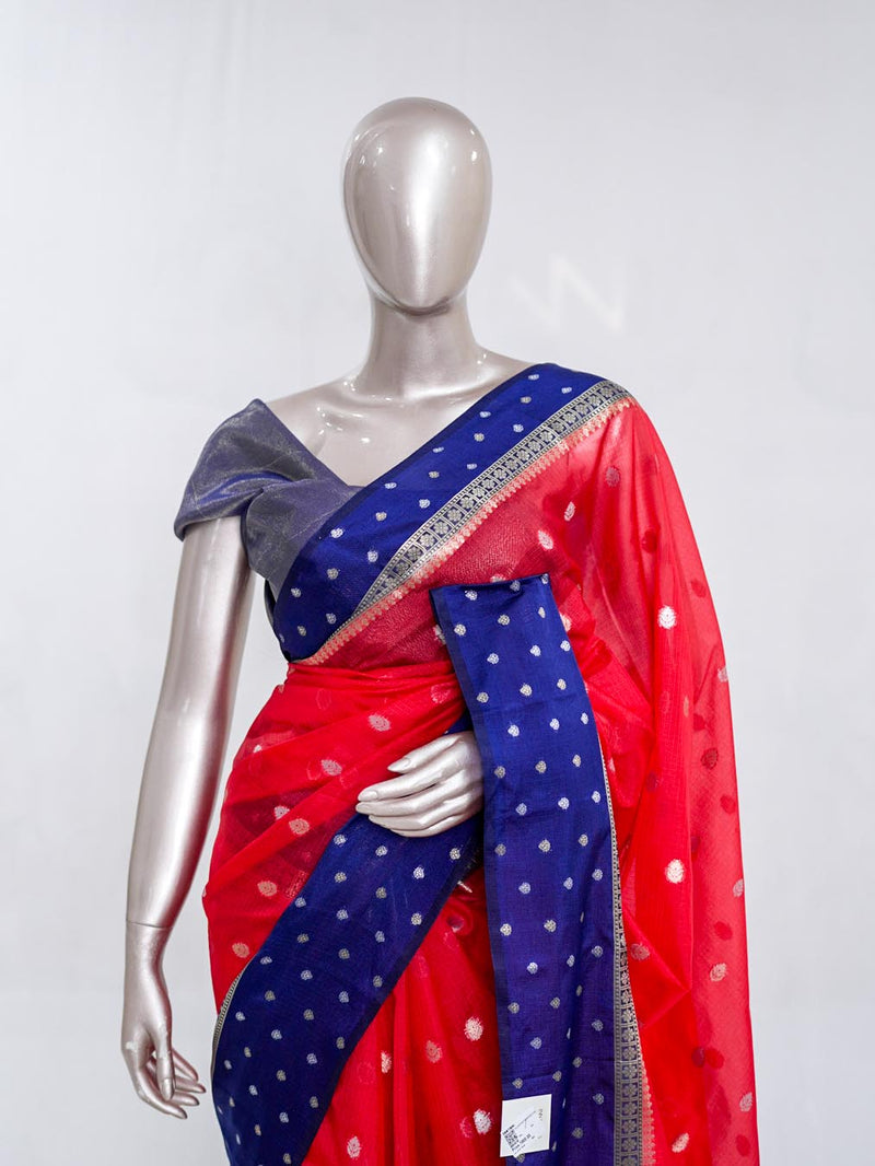 Premium Bright Red Synthetic Kota Saree with Navy Blue Contrast Border  Dual-Tone Zari Buttas SAN5476