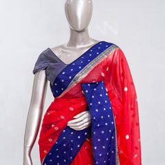 Premium Bright Red Synthetic Kota Saree with Navy Blue Contrast Border  Dual-Tone Zari Buttas SAN5476