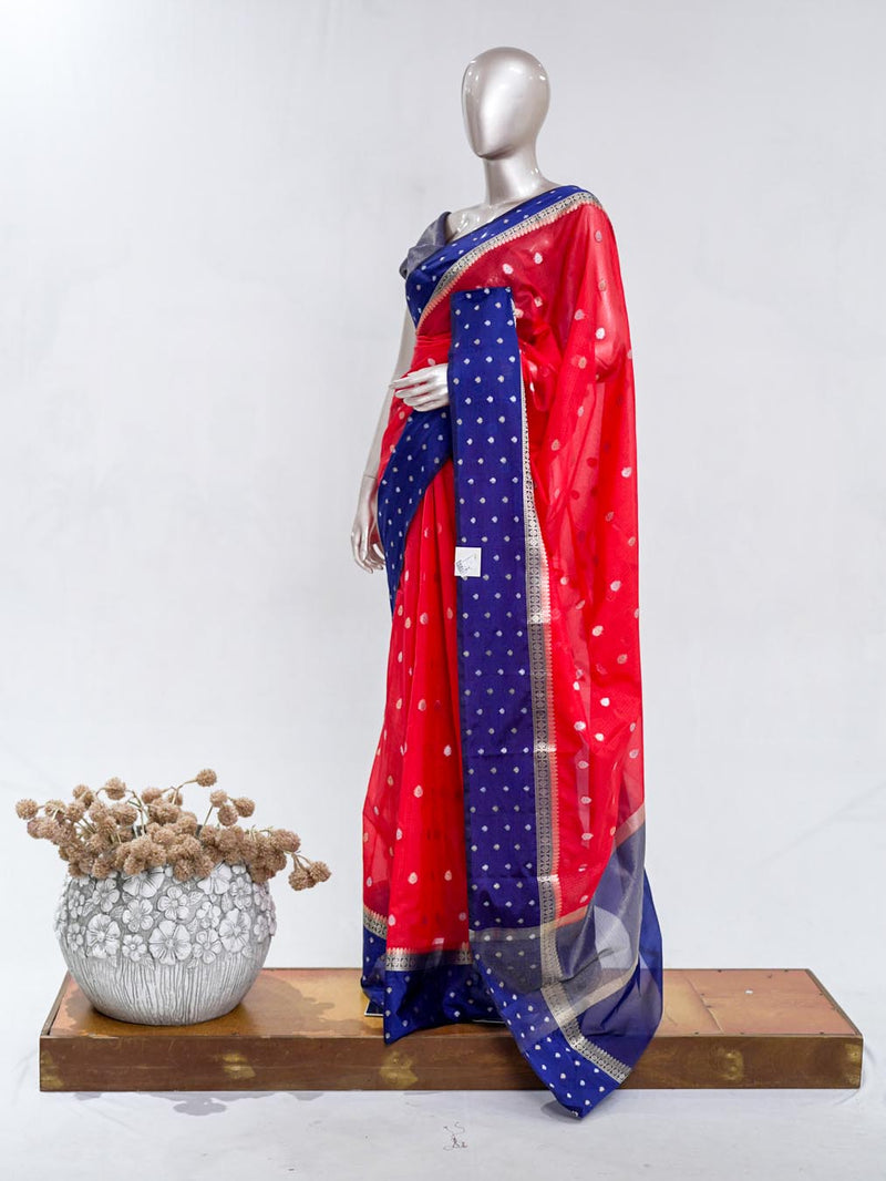 Premium Bright Red Synthetic Kota Saree with Navy Blue Contrast Border  Dual-Tone Zari Buttas SAN5476