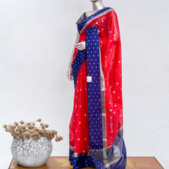 Premium Bright Red Synthetic Kota Saree with Navy Blue Contrast Border  Dual-Tone Zari Buttas SAN5476