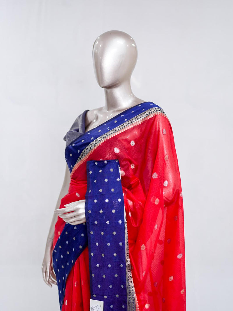 Premium Bright Red Synthetic Kota Saree with Navy Blue Contrast Border  Dual-Tone Zari Buttas SAN5476