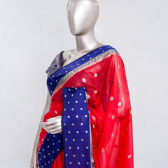 Premium Bright Red Synthetic Kota Saree with Navy Blue Contrast Border  Dual-Tone Zari Buttas SAN5476