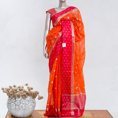 Premium Orange Synthetic Kota Saree with Rani Pink Contrast Border Dual-Tone Zari Buttas SAN5476