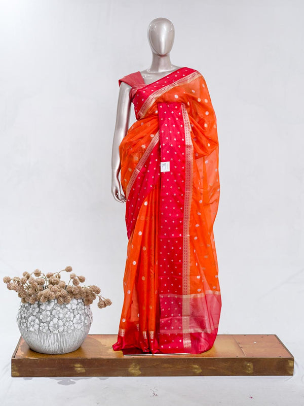 Premium Orange Synthetic Kota Saree with Rani Pink Contrast Border Dual-Tone Zari Buttas SAN5476