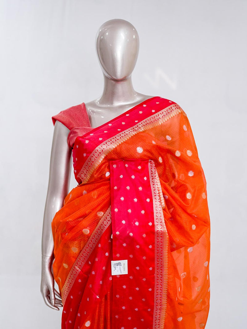 Premium Orange Synthetic Kota Saree with Rani Pink Contrast Border Dual-Tone Zari Buttas SAN5476