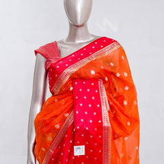 Premium Orange Synthetic Kota Saree with Rani Pink Contrast Border Dual-Tone Zari Buttas SAN5476