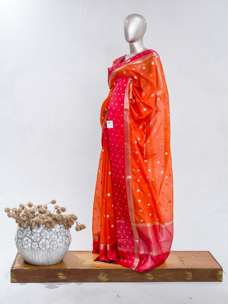 Premium Orange Synthetic Kota Saree with Rani Pink Contrast Border Dual-Tone Zari Buttas SAN5476