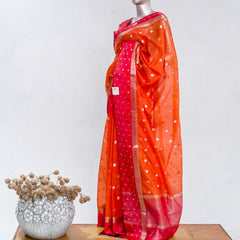 Premium Orange Synthetic Kota Saree with Rani Pink Contrast Border Dual-Tone Zari Buttas SAN5476