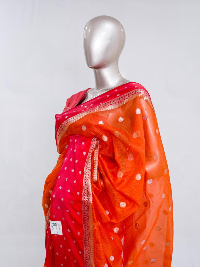 Premium Orange Synthetic Kota Saree with Rani Pink Contrast Border Dual-Tone Zari Buttas SAN5476
