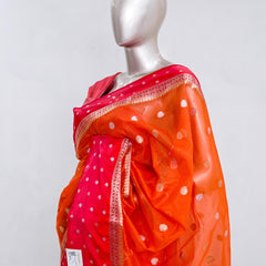 Premium Orange Synthetic Kota Saree with Rani Pink Contrast Border Dual-Tone Zari Buttas SAN5476