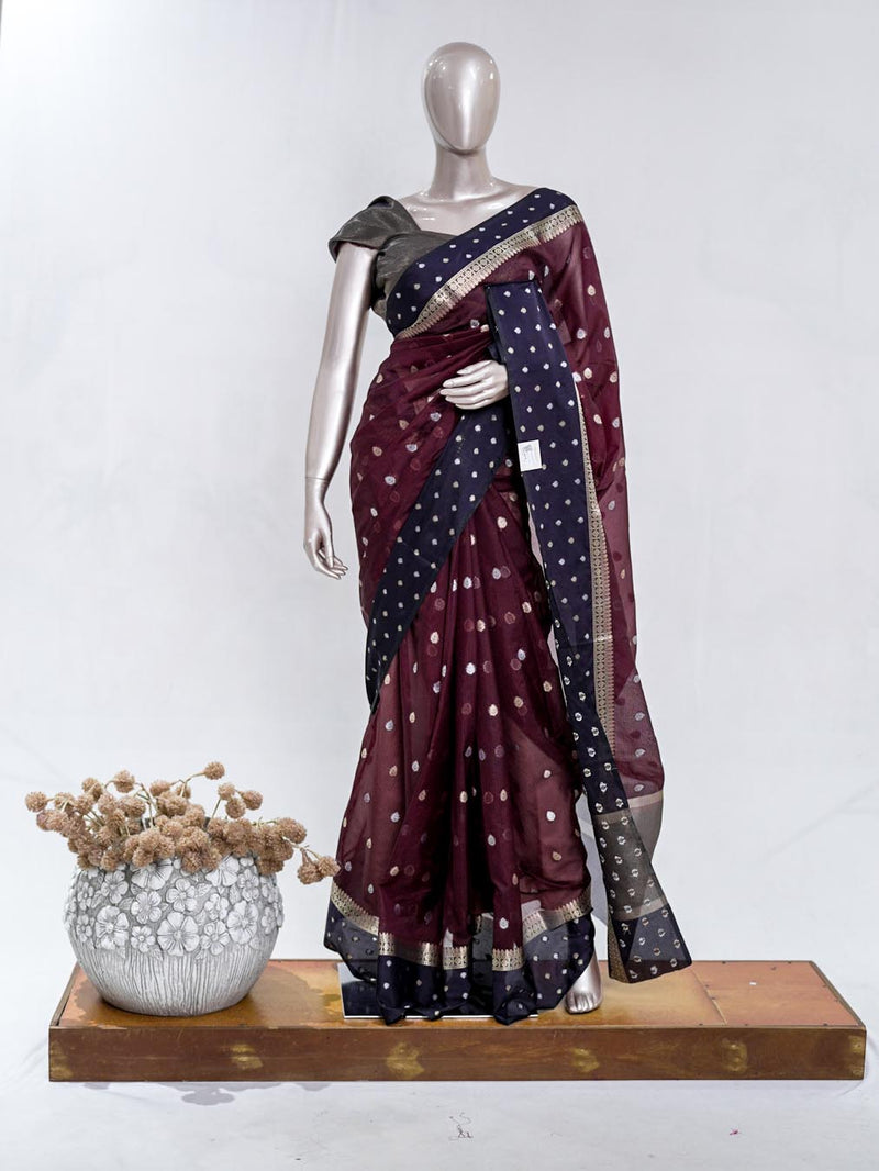 Premium Deep Plum Synthetic Kota Saree with Navy Blue Contrast Border  Dual-Tone Zari Buttas 005476