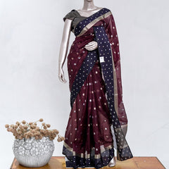 Premium Deep Plum Synthetic Kota Saree with Navy Blue Contrast Border  Dual-Tone Zari Buttas 005476