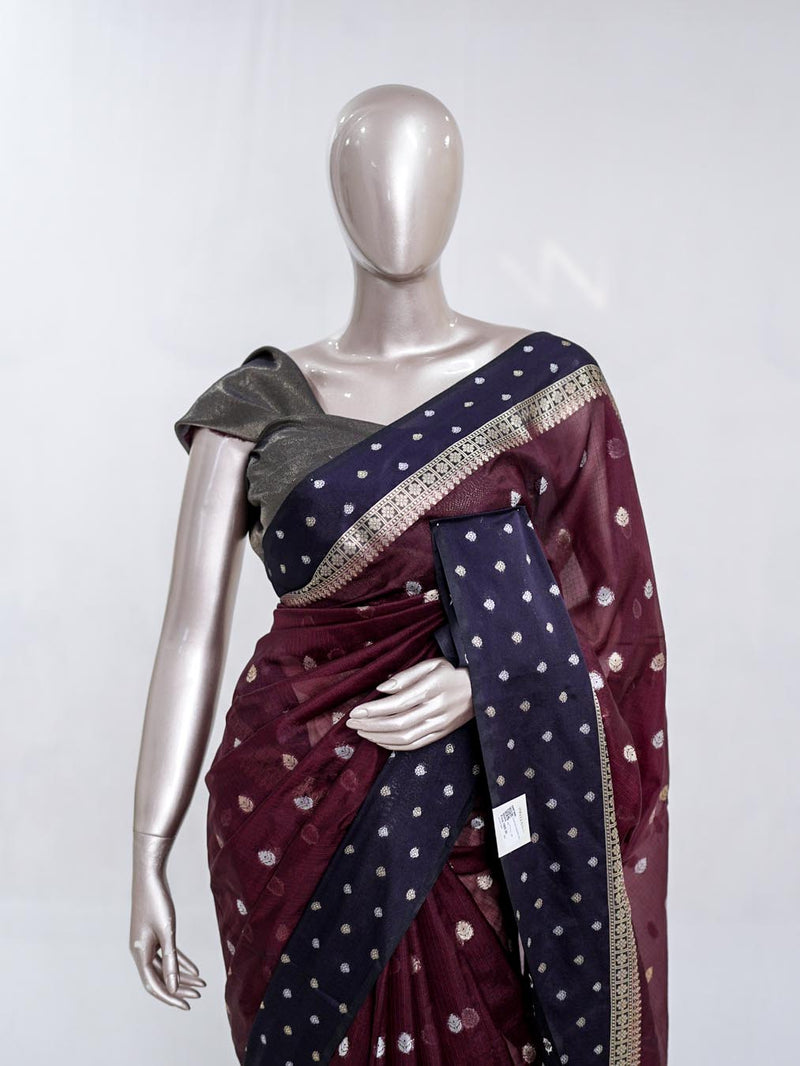 Premium Deep Plum Synthetic Kota Saree with Navy Blue Contrast Border  Dual-Tone Zari Buttas 005476