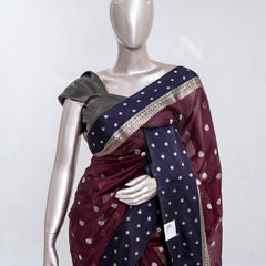 Premium Deep Plum Synthetic Kota Saree with Navy Blue Contrast Border  Dual-Tone Zari Buttas 005476