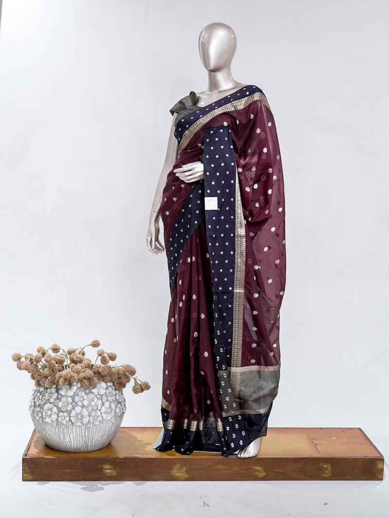Premium Deep Plum Synthetic Kota Saree with Navy Blue Contrast Border  Dual-Tone Zari Buttas 005476