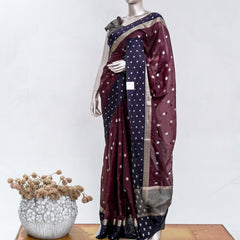 Premium Deep Plum Synthetic Kota Saree with Navy Blue Contrast Border  Dual-Tone Zari Buttas 005476