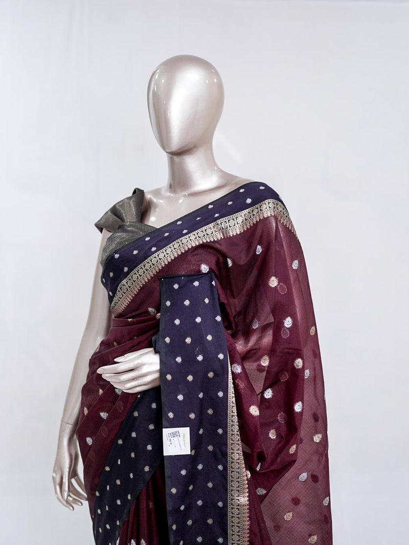 Premium Deep Plum Synthetic Kota Saree with Navy Blue Contrast Border  Dual-Tone Zari Buttas 005476