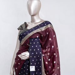 Premium Deep Plum Synthetic Kota Saree with Navy Blue Contrast Border  Dual-Tone Zari Buttas 005476