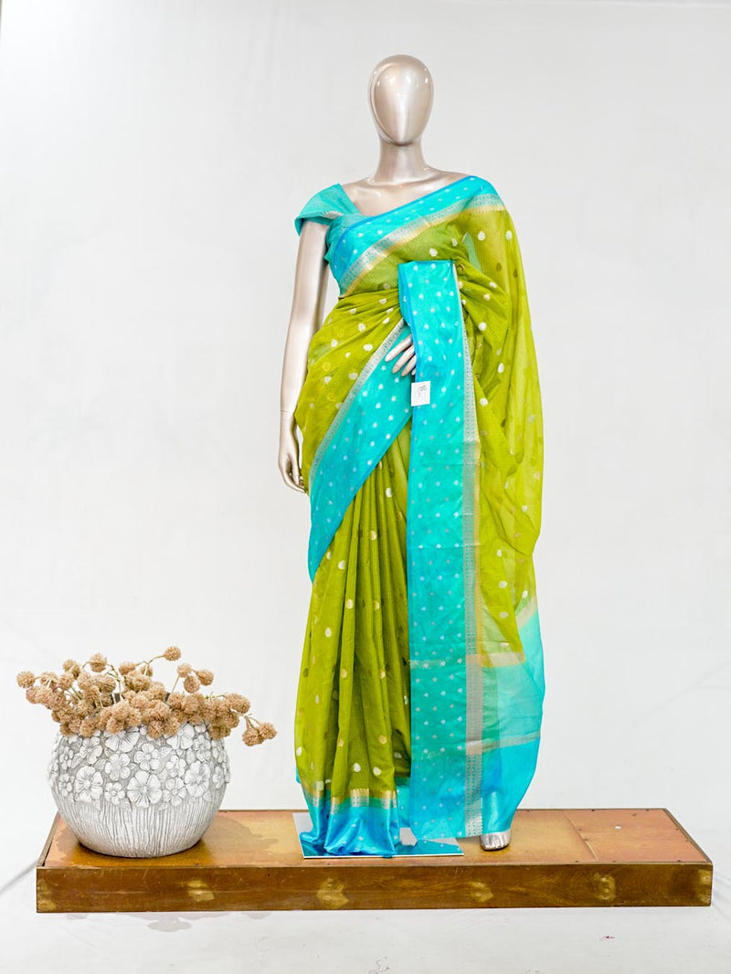 Premium Lime Green Synthetic Kota Saree with Aqua Blue Contrast Border  Dual-Tone Zari Buttas  SAN5476