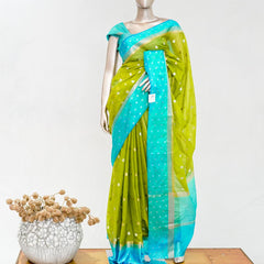 Premium Lime Green Synthetic Kota Saree with Aqua Blue Contrast Border  Dual-Tone Zari Buttas  SAN5476