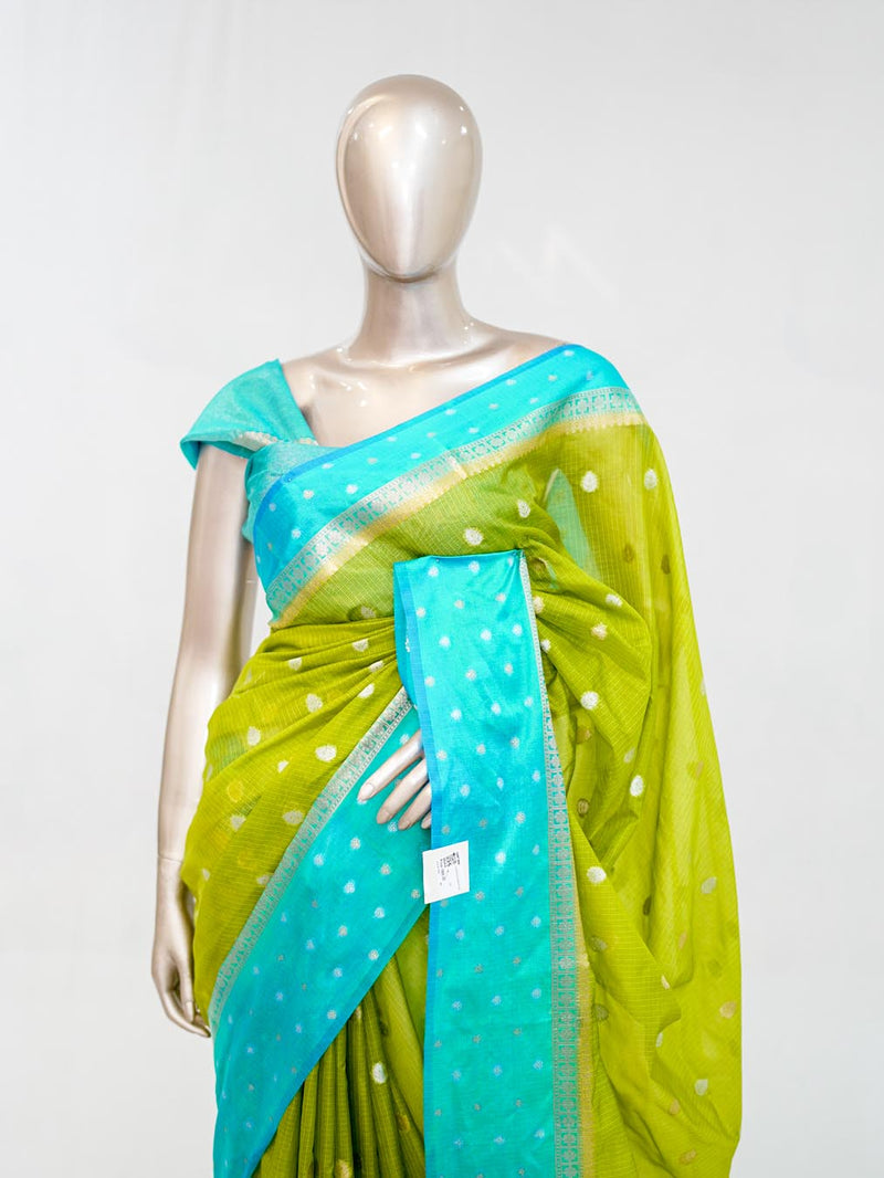 Premium Lime Green Synthetic Kota Saree with Aqua Blue Contrast Border  Dual-Tone Zari Buttas  SAN5476