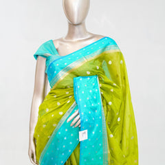 Premium Lime Green Synthetic Kota Saree with Aqua Blue Contrast Border  Dual-Tone Zari Buttas  SAN5476