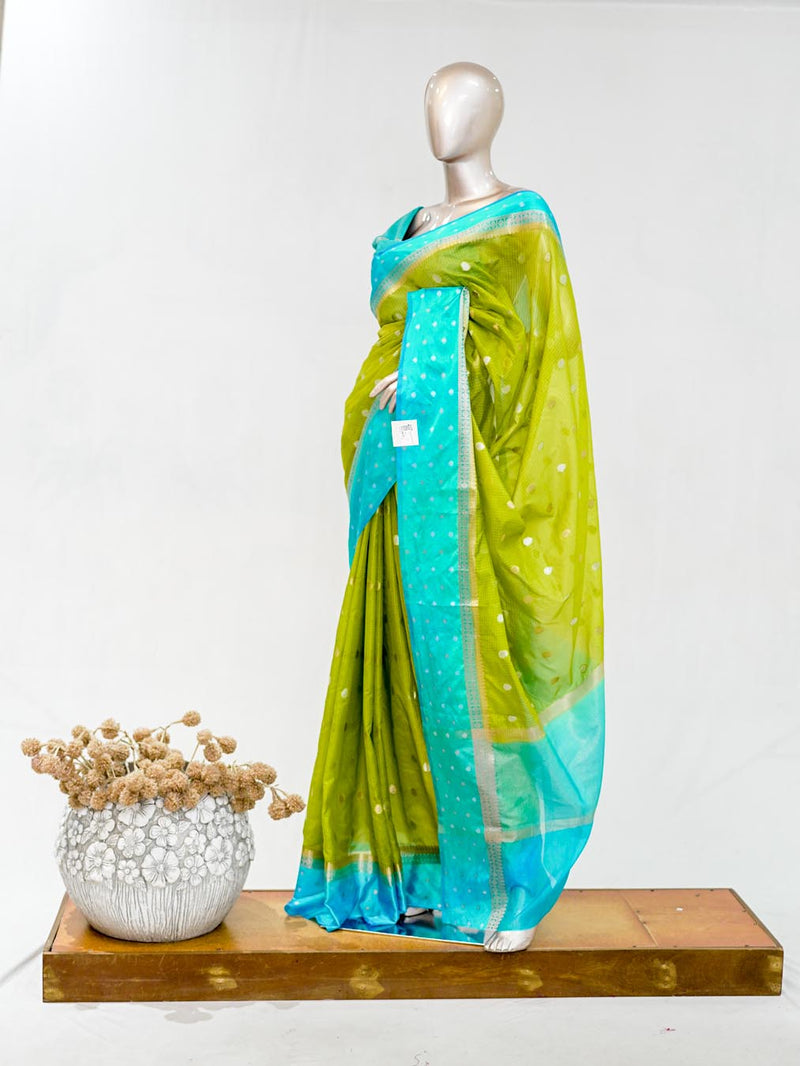 Premium Lime Green Synthetic Kota Saree with Aqua Blue Contrast Border  Dual-Tone Zari Buttas  SAN5476