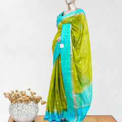 Premium Lime Green Synthetic Kota Saree with Aqua Blue Contrast Border  Dual-Tone Zari Buttas  SAN5476