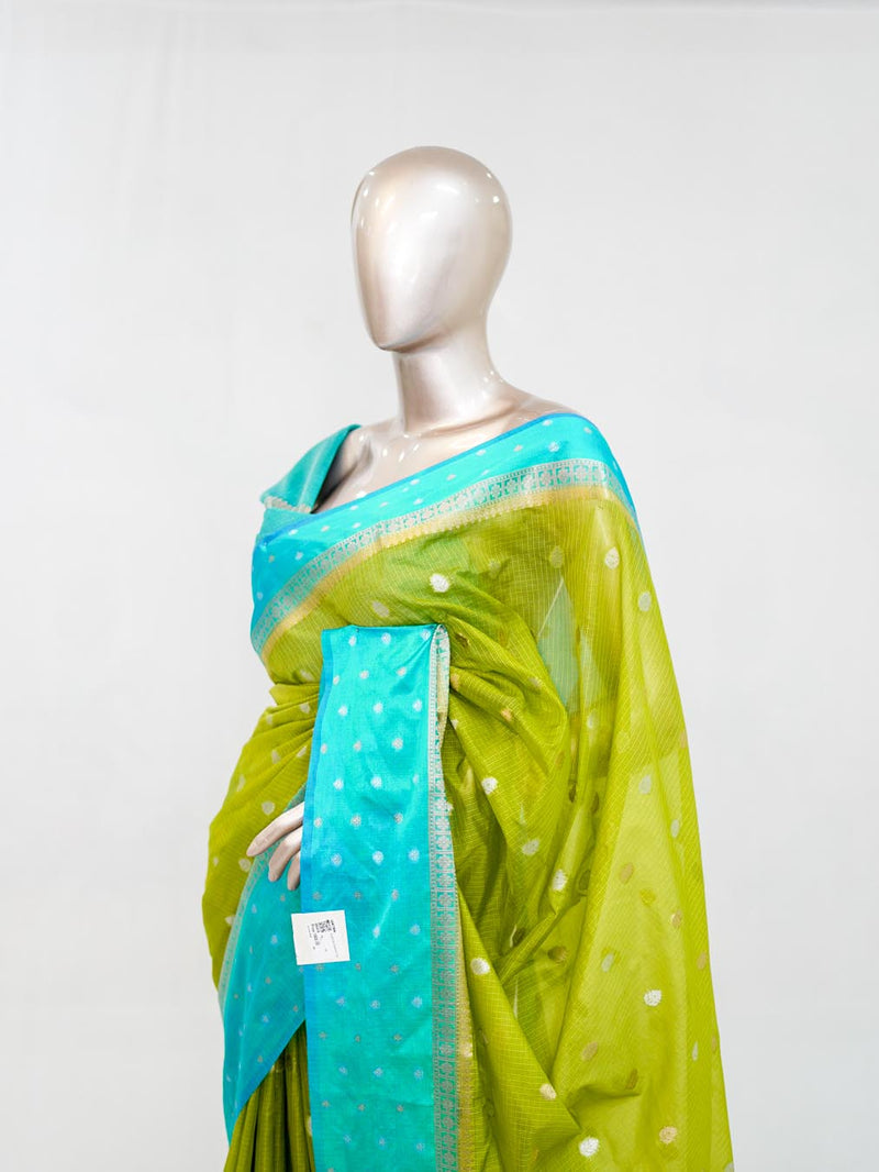 Premium Lime Green Synthetic Kota Saree with Aqua Blue Contrast Border  Dual-Tone Zari Buttas  SAN5476