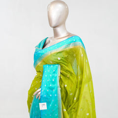 Premium Lime Green Synthetic Kota Saree with Aqua Blue Contrast Border  Dual-Tone Zari Buttas  SAN5476