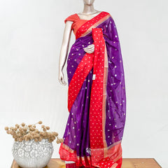 Premium Purple Synthetic Kota Saree with Coral Pink Contrast Border  Dual-Tone Zari Buttas SAN5476