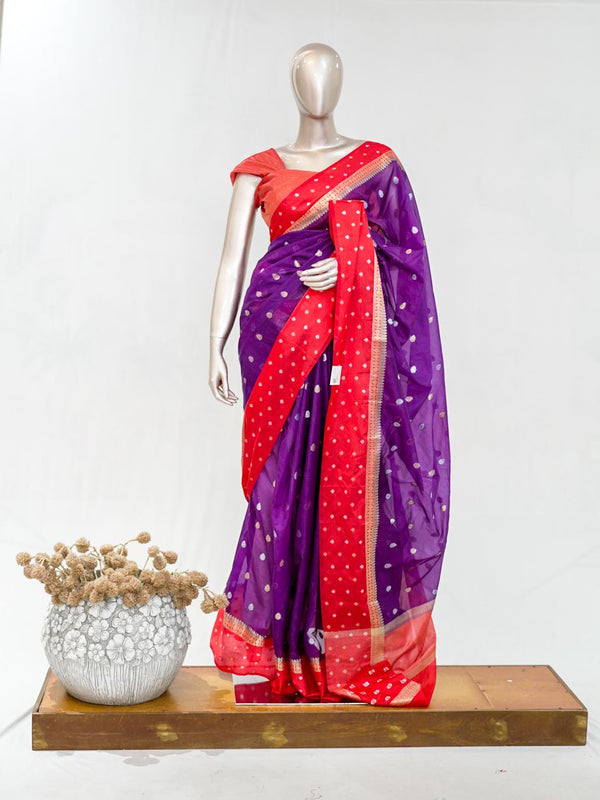 Premium Purple Synthetic Kota Saree with Coral Pink Contrast Border  Dual-Tone Zari Buttas SAN5476