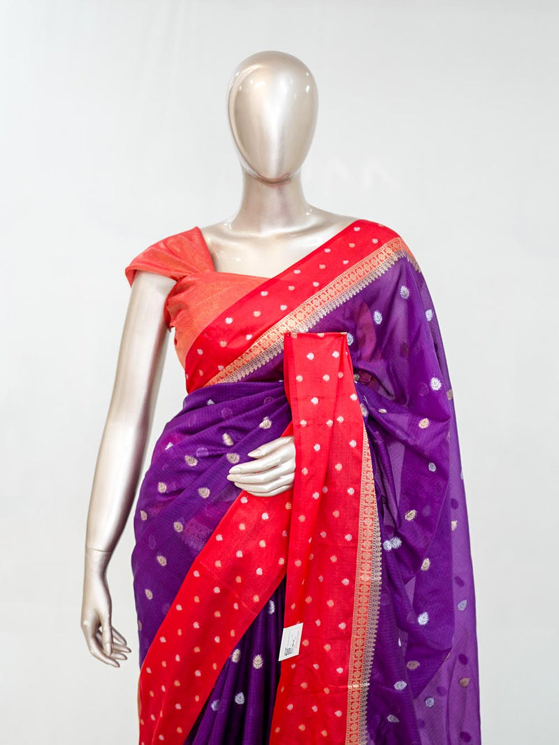 Premium Purple Synthetic Kota Saree with Coral Pink Contrast Border  Dual-Tone Zari Buttas SAN5476