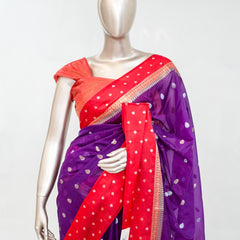 Premium Purple Synthetic Kota Saree with Coral Pink Contrast Border  Dual-Tone Zari Buttas SAN5476
