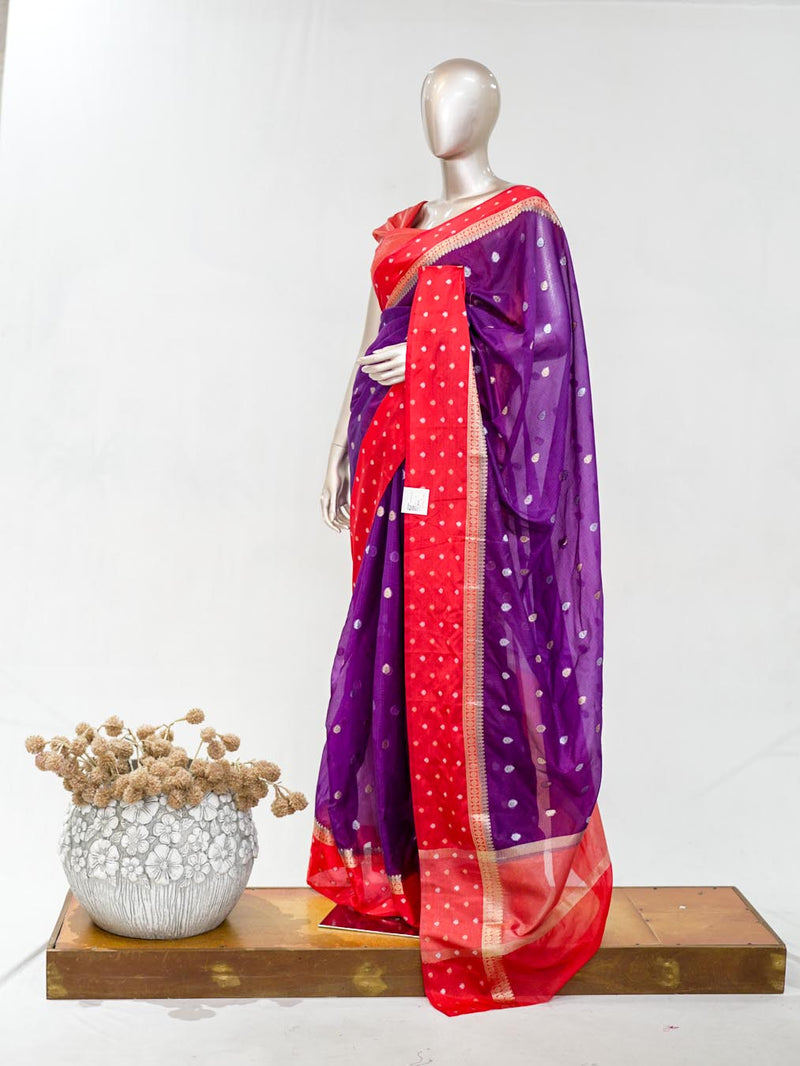 Premium Purple Synthetic Kota Saree with Coral Pink Contrast Border  Dual-Tone Zari Buttas SAN5476