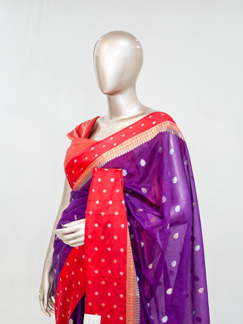 Premium Purple Synthetic Kota Saree with Coral Pink Contrast Border  Dual-Tone Zari Buttas SAN5476