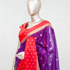 Premium Purple Synthetic Kota Saree with Coral Pink Contrast Border  Dual-Tone Zari Buttas SAN5476
