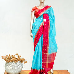 Premium Sky Blue Synthetic Kota Saree with Deep Rani Pink Contrast Border Dual-Tone SAN5476
