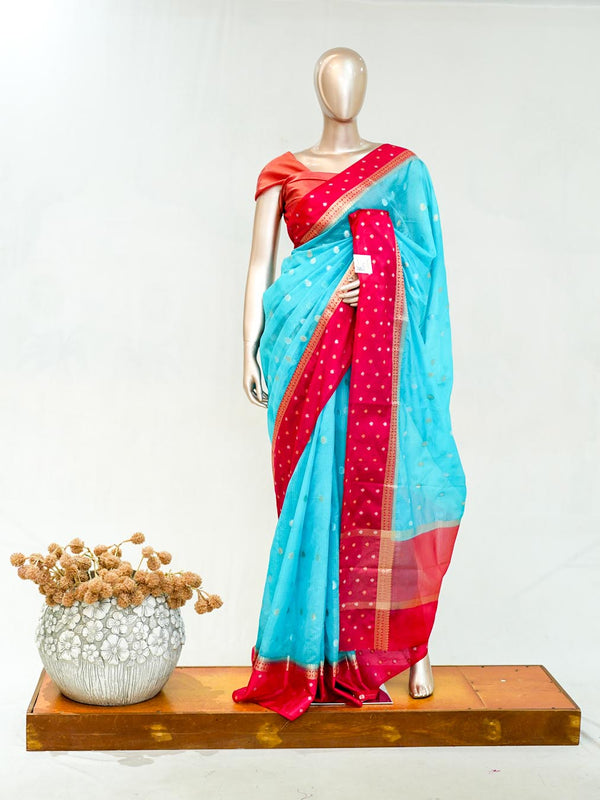 Premium Sky Blue Synthetic Kota Saree with Deep Rani Pink Contrast Border Dual-Tone SAN5476