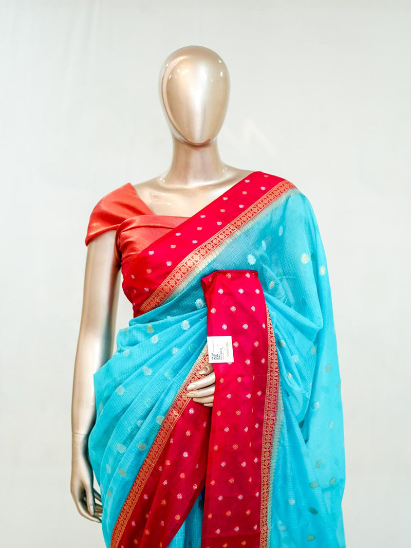 Premium Sky Blue Synthetic Kota Saree with Deep Rani Pink Contrast Border Dual-Tone SAN5476
