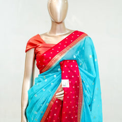 Premium Sky Blue Synthetic Kota Saree with Deep Rani Pink Contrast Border Dual-Tone SAN5476