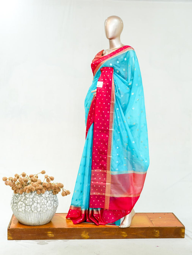 Premium Sky Blue Synthetic Kota Saree with Deep Rani Pink Contrast Border Dual-Tone SAN5476