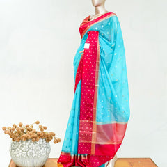 Premium Sky Blue Synthetic Kota Saree with Deep Rani Pink Contrast Border Dual-Tone SAN5476