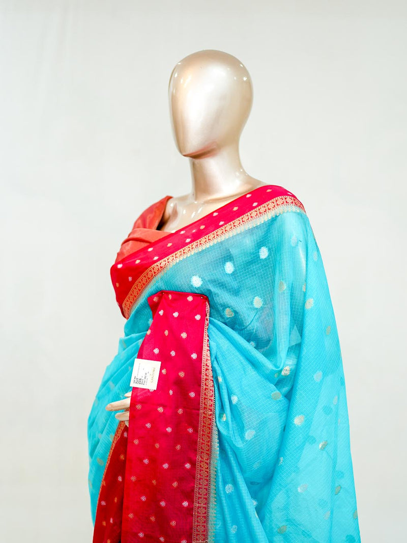 Premium Sky Blue Synthetic Kota Saree with Deep Rani Pink Contrast Border Dual-Tone SAN5476