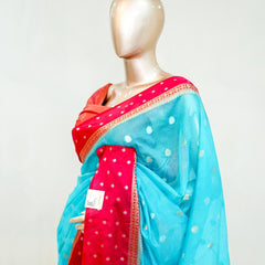 Premium Sky Blue Synthetic Kota Saree with Deep Rani Pink Contrast Border Dual-Tone SAN5476